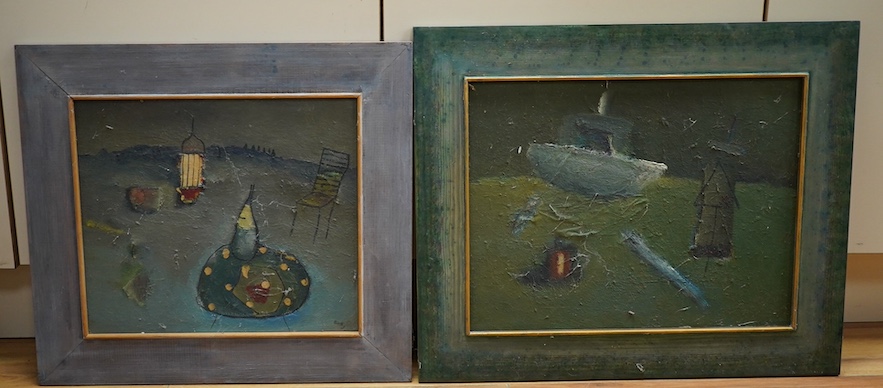 Anne Batty (20th. C), two oils on board comprising ‘The Point of Dreams’ and ‘One hour is mine’, unsigned, details verso, 33 x 43cm. Condition - good, would benefit from a clean